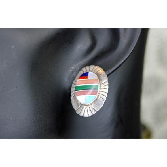 Sterling Silver Southwest Inlay Post Earrings - Picture 3 of 4